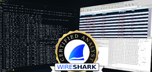 Wireshark Certified Analyst badge with terminal and packet analyzer workspace