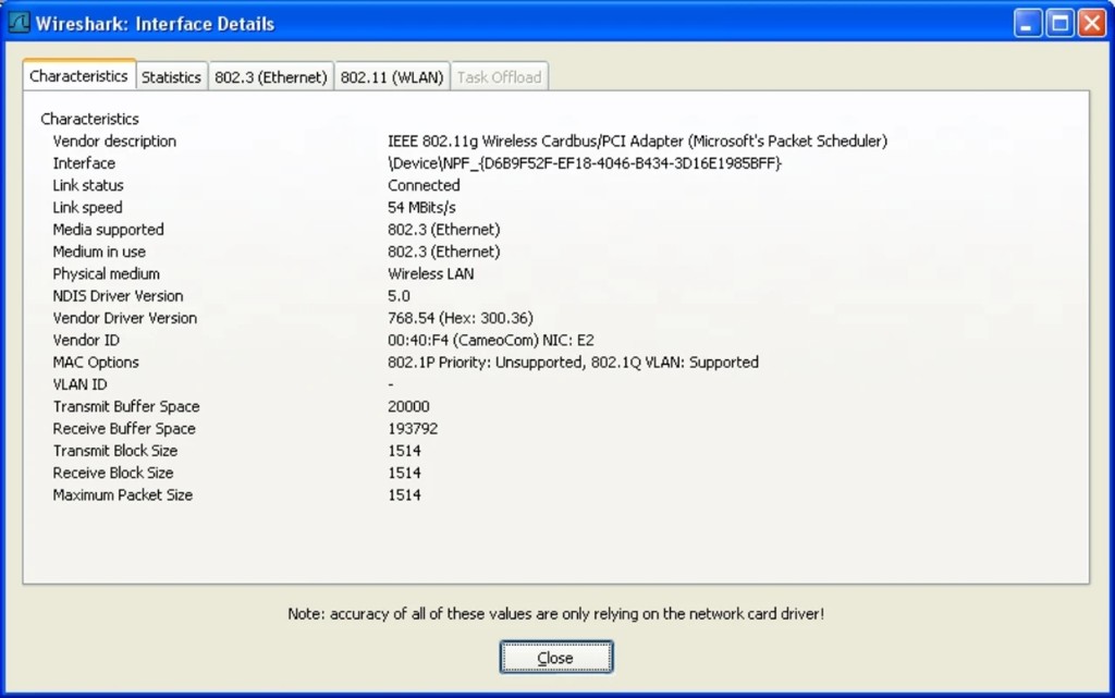 Network adapter details panel