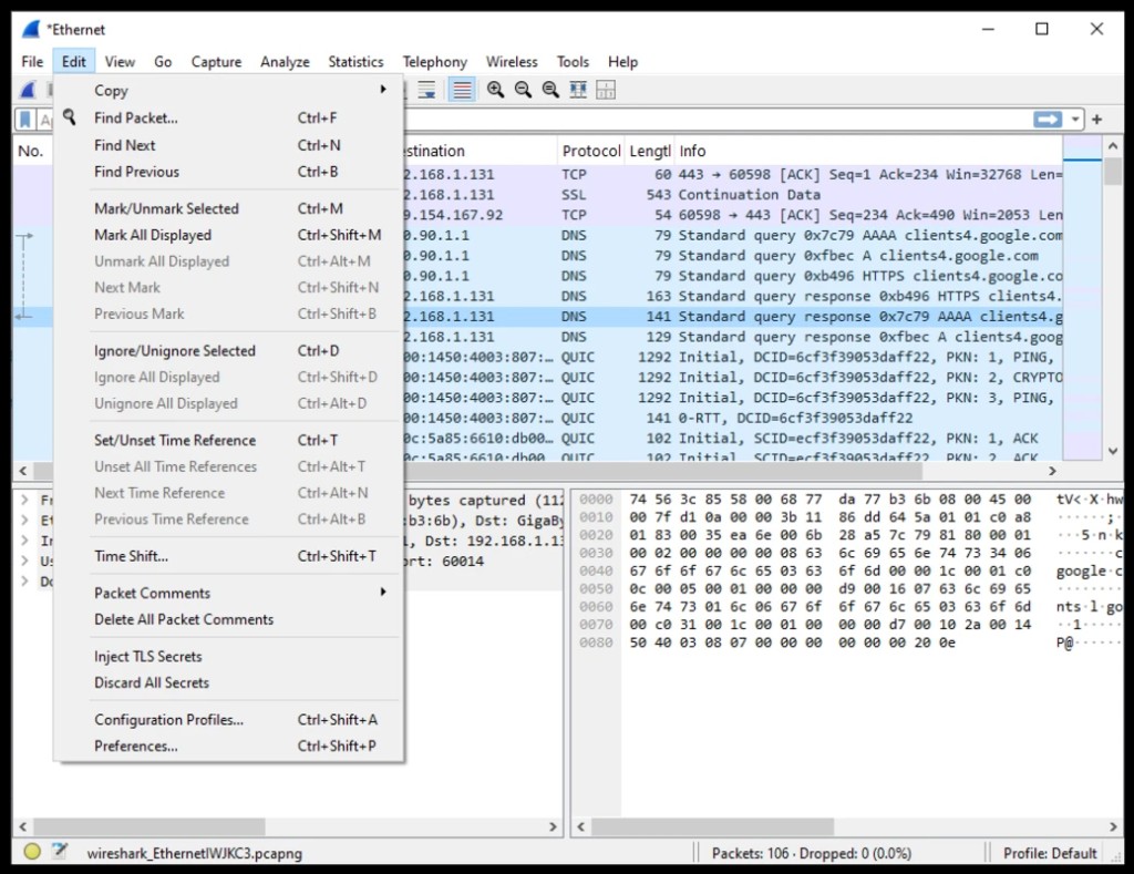 Edit menu with Find Packet and mark options