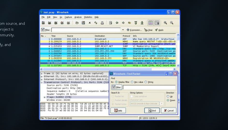 Wireshark main workspace with packet list and detail panes