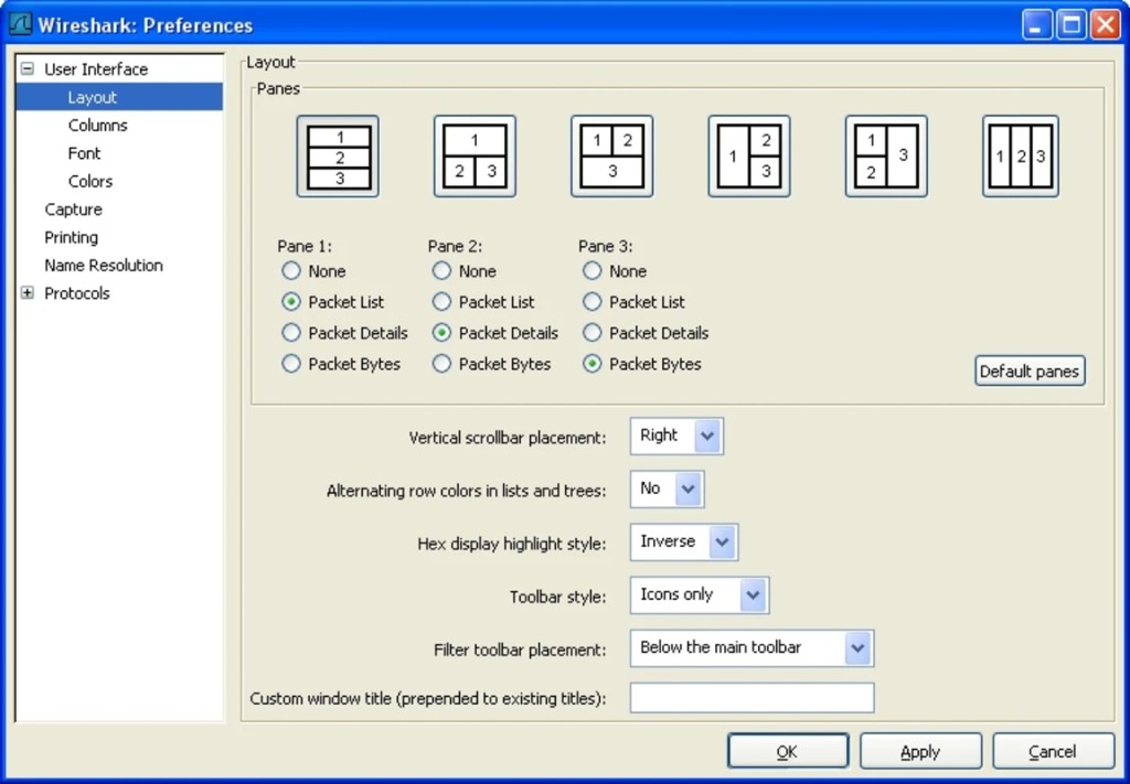 Preferences dialog for pane layout