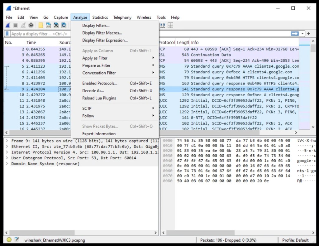 Protocol dissection tree in the analyzer